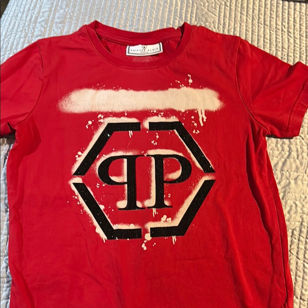 Philipp Plein Red Black Graphic Tee Short Sleeve